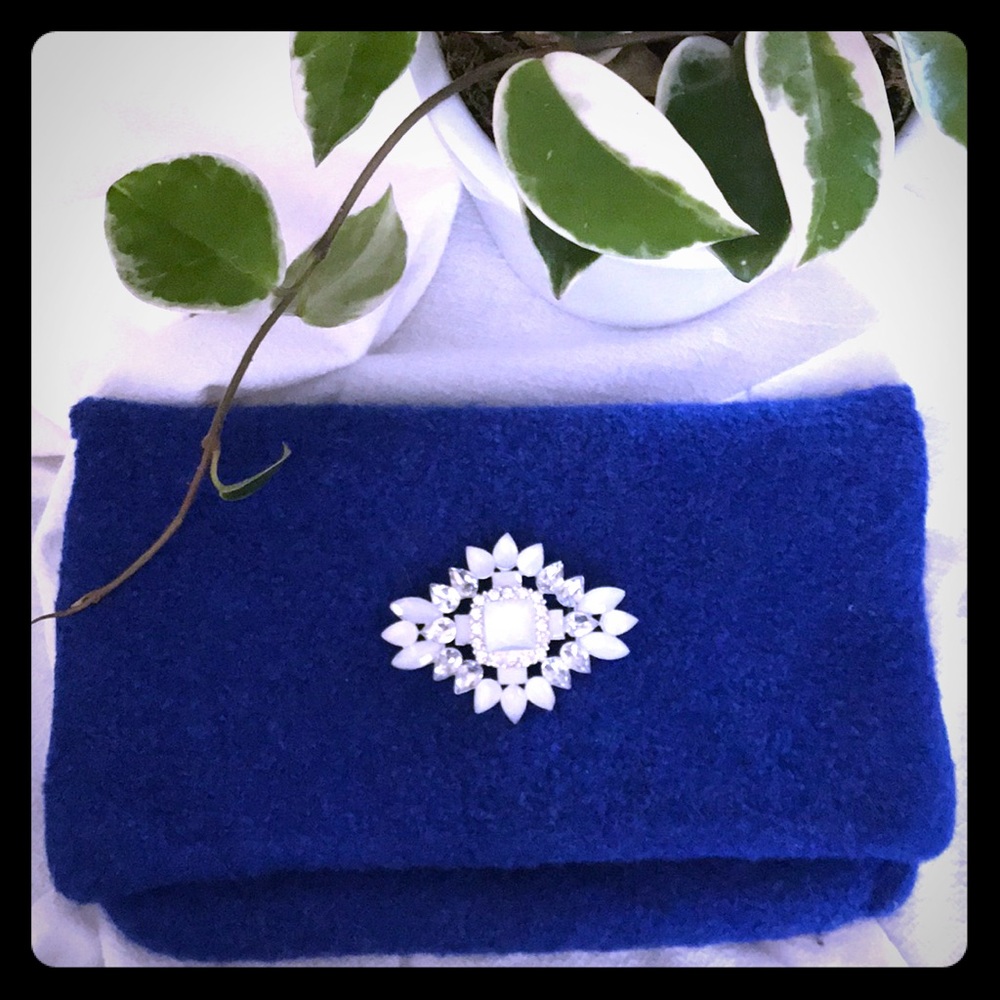 Hand knitted & felted clutch bag w crystal brooch